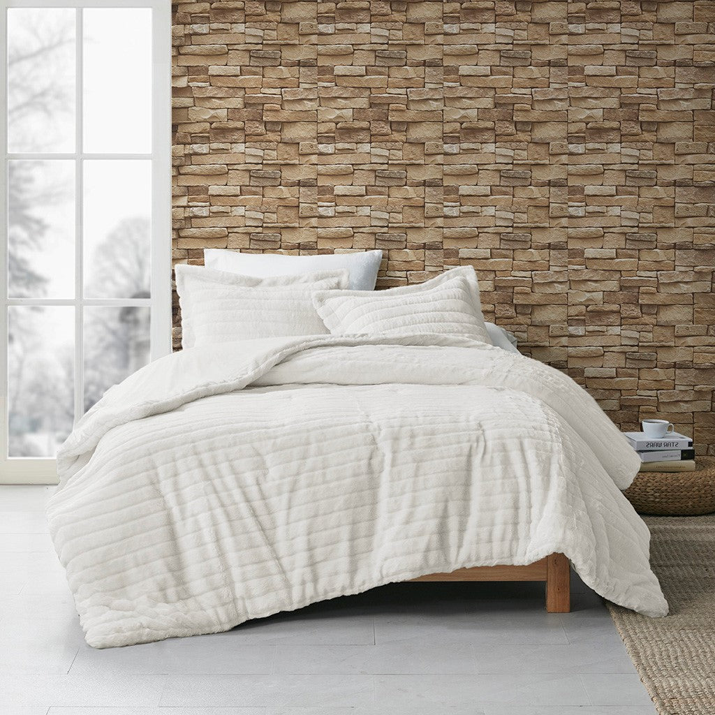 Whitestone Set Coastal White Ivory Faux Fur Luxury Comforter Set | White Stone Decor